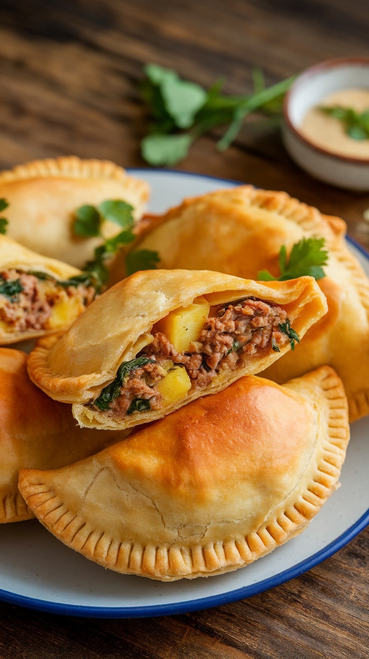 Golden-brown lamb mince empanadas filled with lamb, potatoes, and spinach, served on a rustic wooden table.